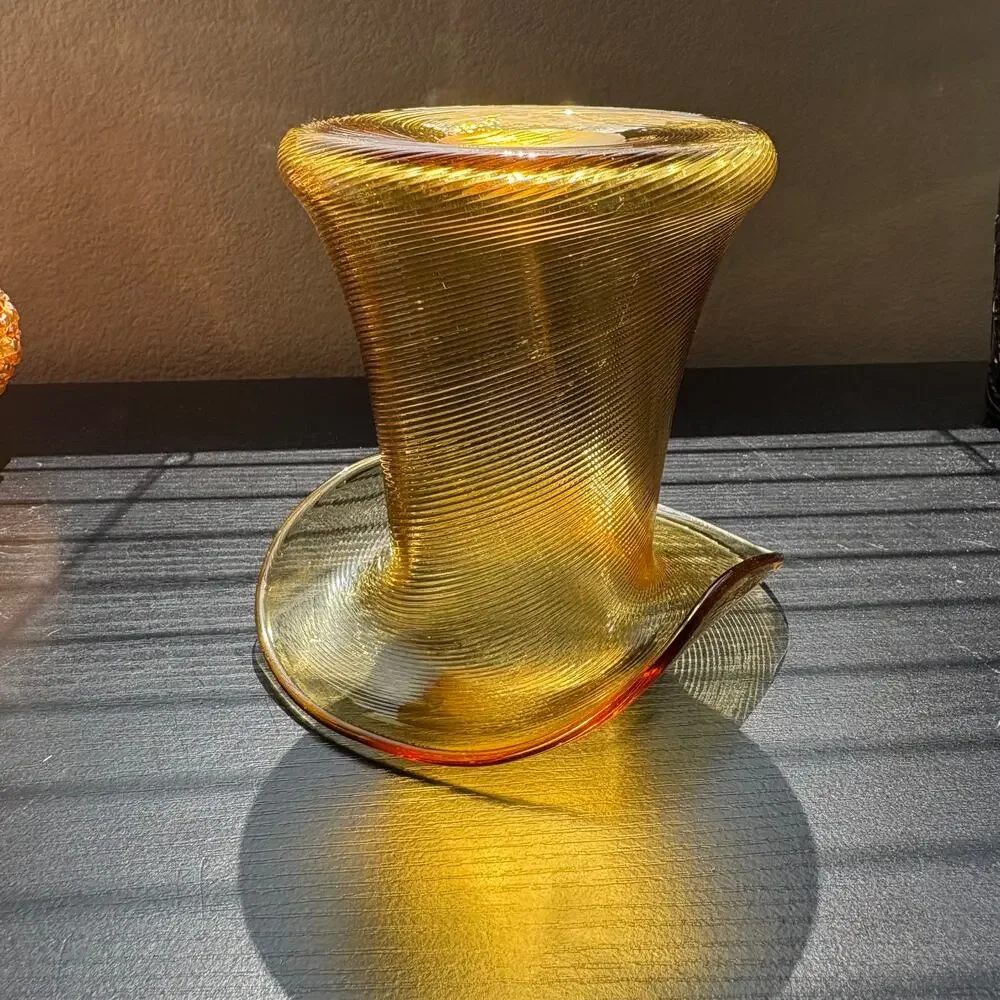Vintage Amber Glass Hat Vase Hand Blown w/ Pontil Mark Spiral Pattern MCM Ribbed